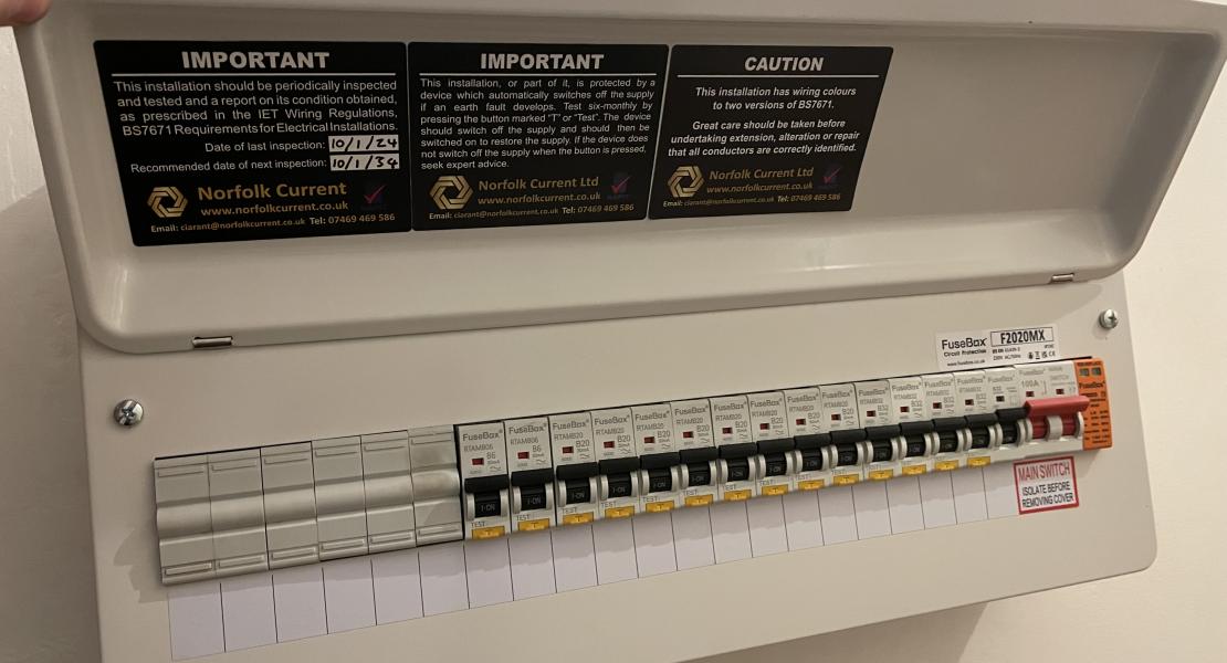 Consumer unit installed by a domestic electrician in Norwich